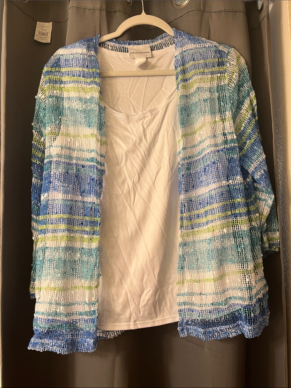 Alfred Dunner Blue, White & Green Open-Weave Cardigan